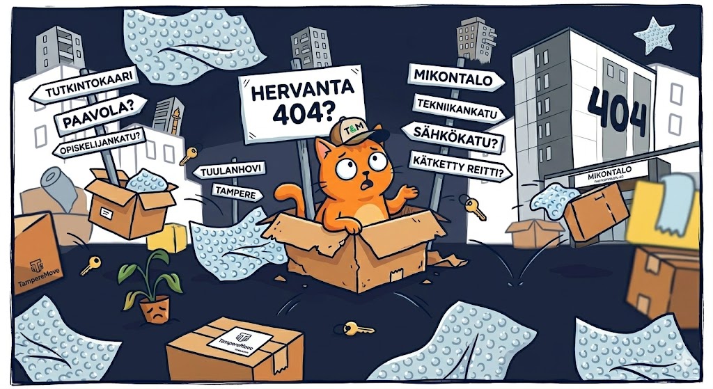 TampereMove 404 error page: A lost cat mover sitting in a cardboard box surrounded by moving supplies and signposts for Hervanta student housing.